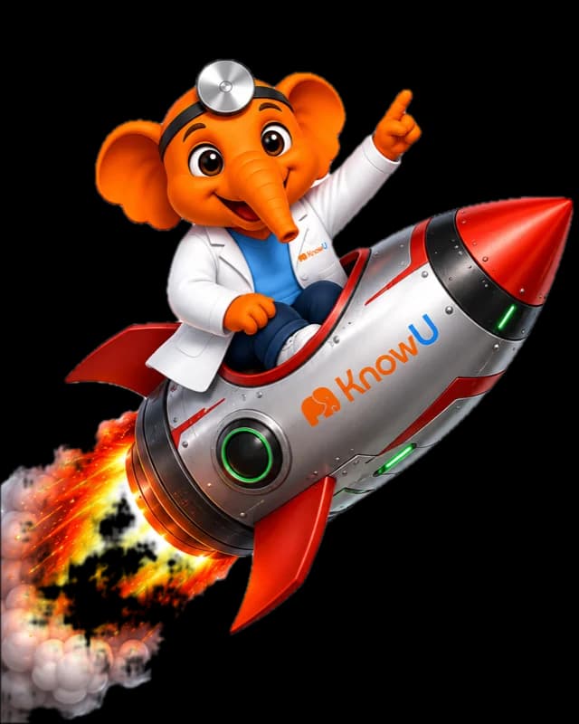 Mascote KnowU - elefante com foguete representando inovação